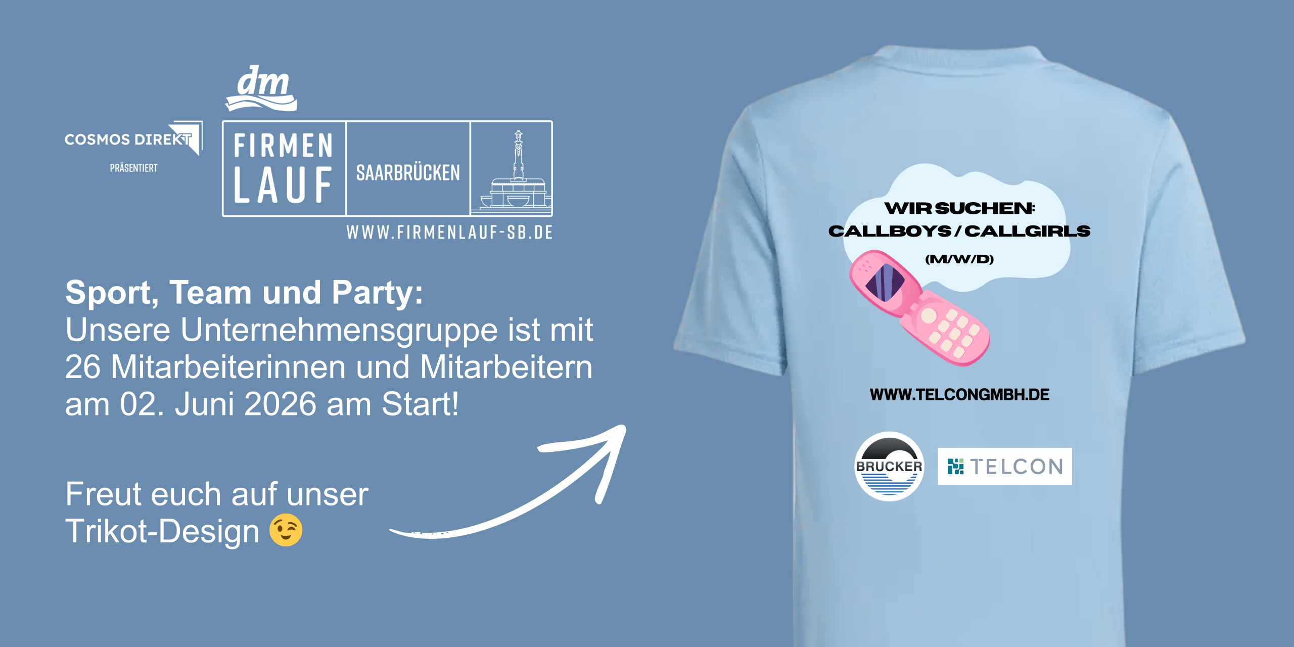 Auf dem Foto sieht man das Trikot der Telcon GmbH beim Frauenlauf Saarbrücken 2026, auf dem sie Mitarbeiterinnen für ihr Callcenter suchen.