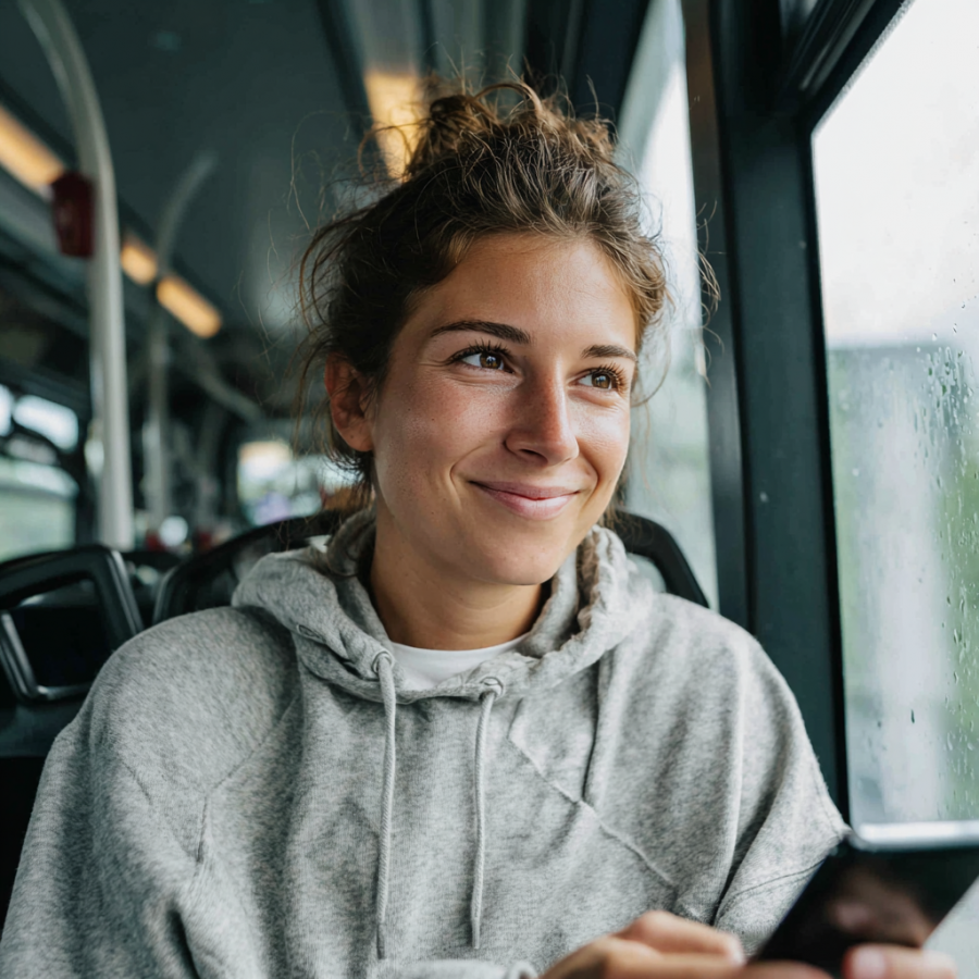 Das Foto zeigt eine Mitarbeiterin der Telcon GmbH, die bequem mit den öffentlichen Verkehrsmitteln direkt vor die Telcon GmbH fahren kann.